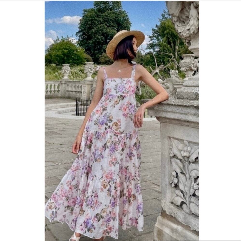 NEW House Of Harlow 1960 Floral Linen Tier Bow Tie Shoulder Long Maxi Dress Med - Picture 12 of 12